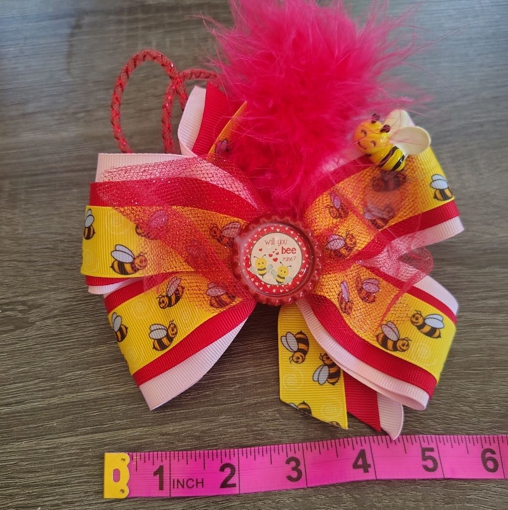 Vibrant Bee-Themed Hair Bow with Pink and Yellow Accents